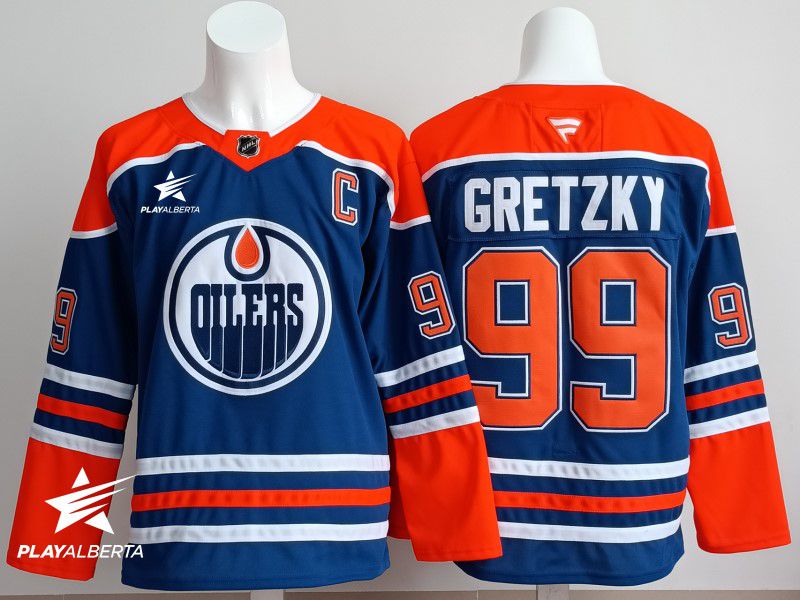 Men 2025 Edmonton Oilers #99 Gretzky Blue Fanatics Home Premium NHL Jersey style 2